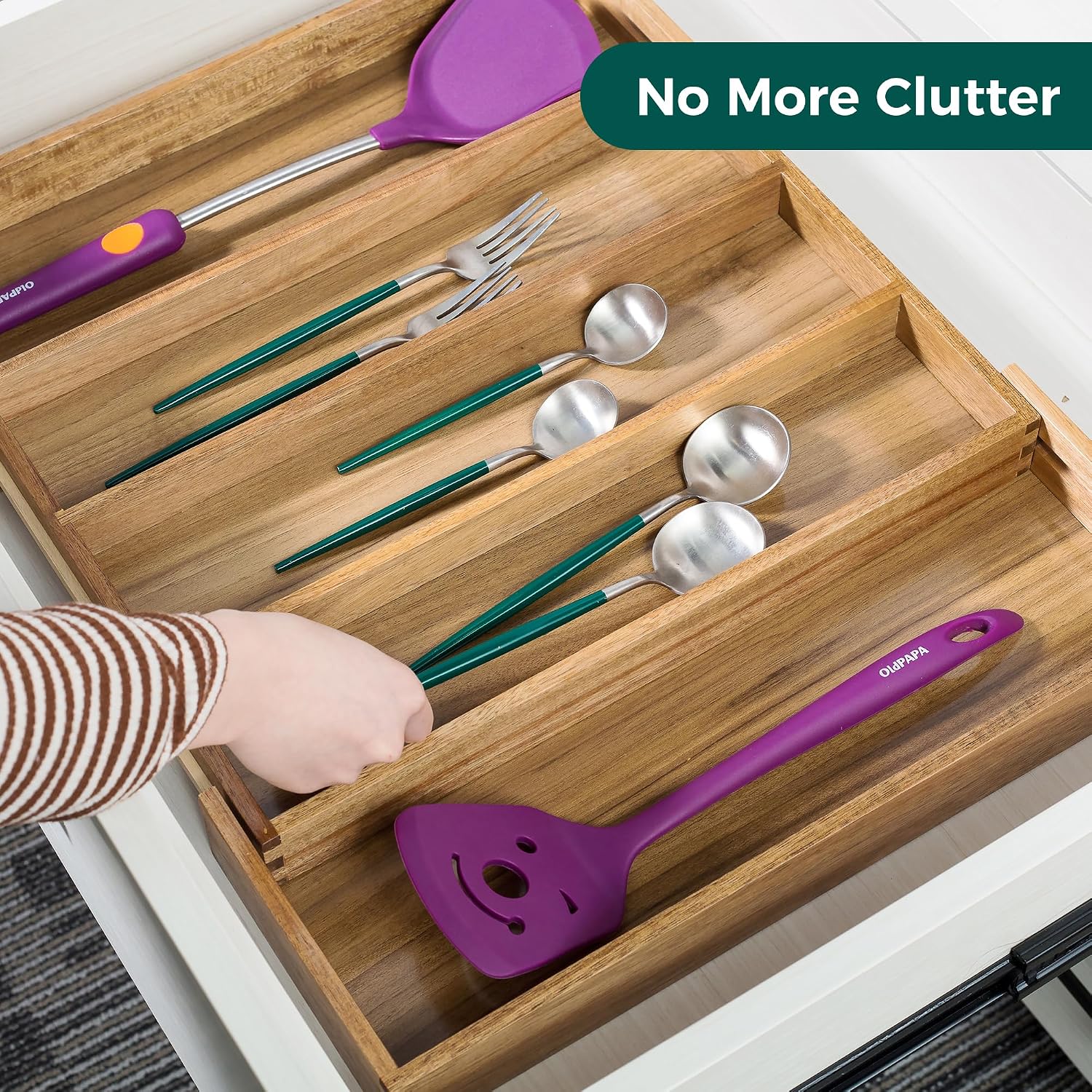 Utoplike Acacia Kitchen Drawer Organizer Expandable, Large Utensils and Cutlery Tray, Adjustable Silverware Divider for Knives Flatware - Image 2