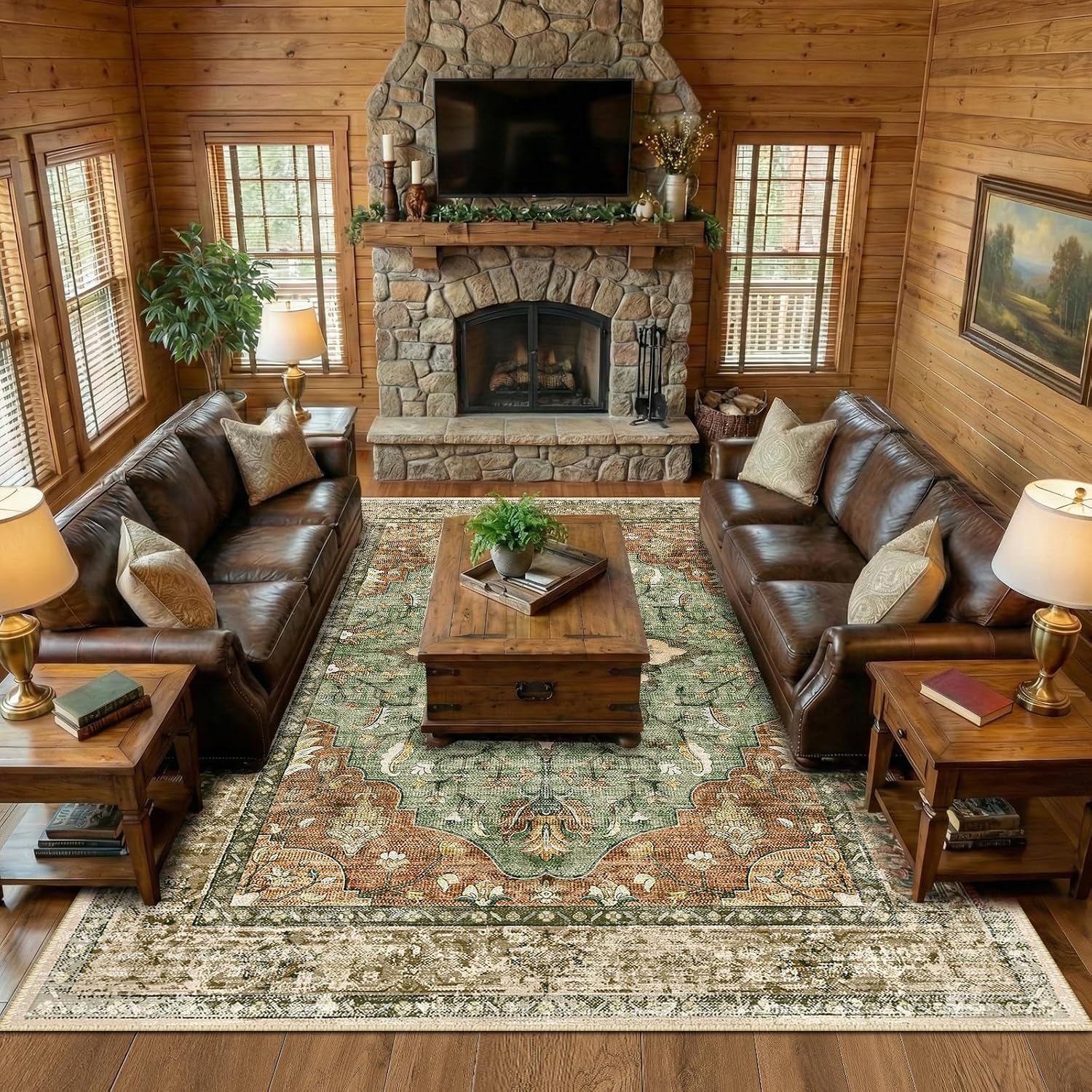 RELEANY Area Rugs Large 10'x12' Washable Non-Slip, Floral Vintage Distress Medallion Carpet for Living Room Bedroom Dining Room, Terracotta Burnt Orange Green - Image 2